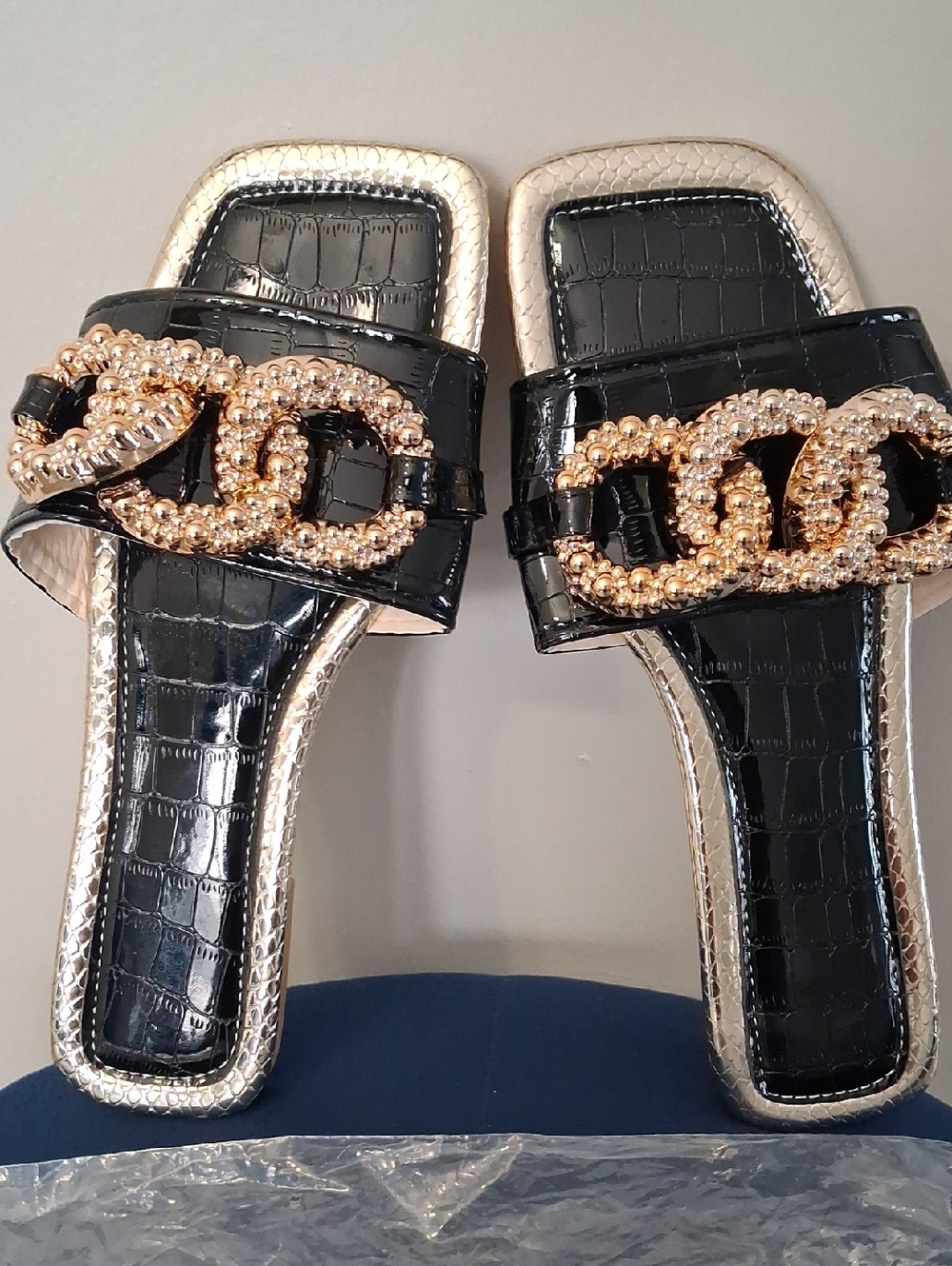 Black Patent Croc-Embossed Slide Sandals with Gold Chain Accent